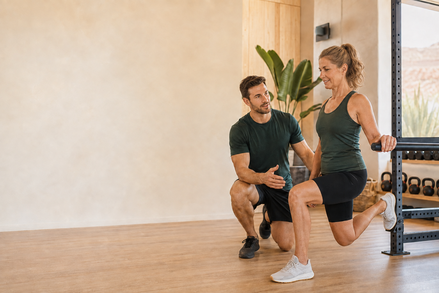 A personal trainer coaching a woman through a split-squat exercise
